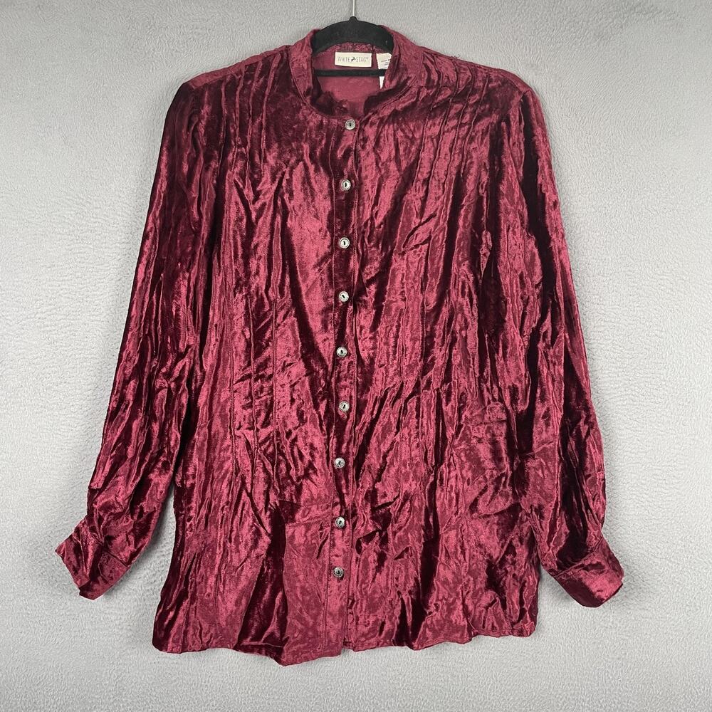 White Stag Shirt Womens Medium Red Crushed Velvet Rayon Button Front Tunic Top